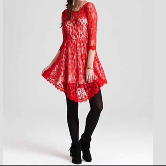 Free People Red Lace Floral Overlay Dress - Picture 3 of 7